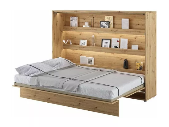 Lit escamotable horizontal avec étagères chêne artisan Noby 120x200-Avec matelas-Avec Led et 2 veilleuses