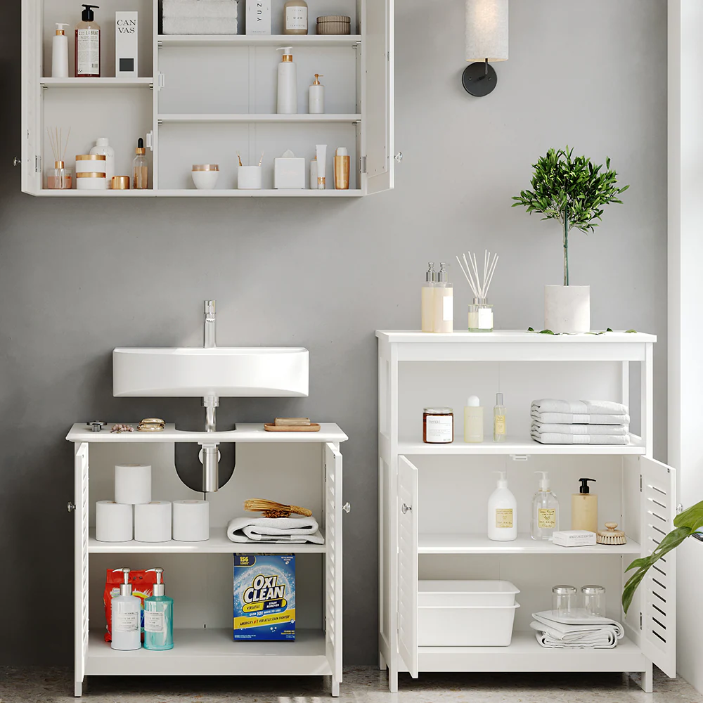 Vicco Badmöbel-Set Riad, Weiß, Badezimmer, moderne Badserie, Lamellen-Front, Waschtischunterschrank, Spiegelschrank, Sideboard