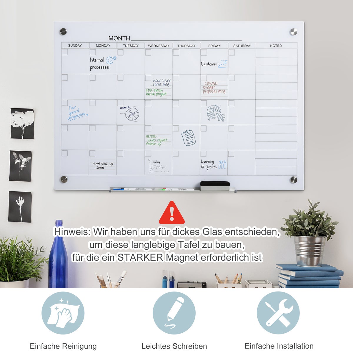 Vinsetto Whiteboard, 90 x 60 cm, glazen blad, wit