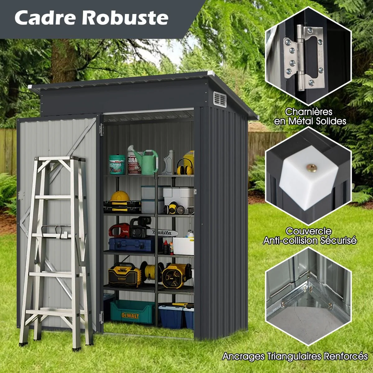 Abri de Rangement Toutes Saisons Abri à Outils Utilitaire avec Toit en Pente Porte Ouvrante Aérations Cadre en Métal Galvanisé Gris