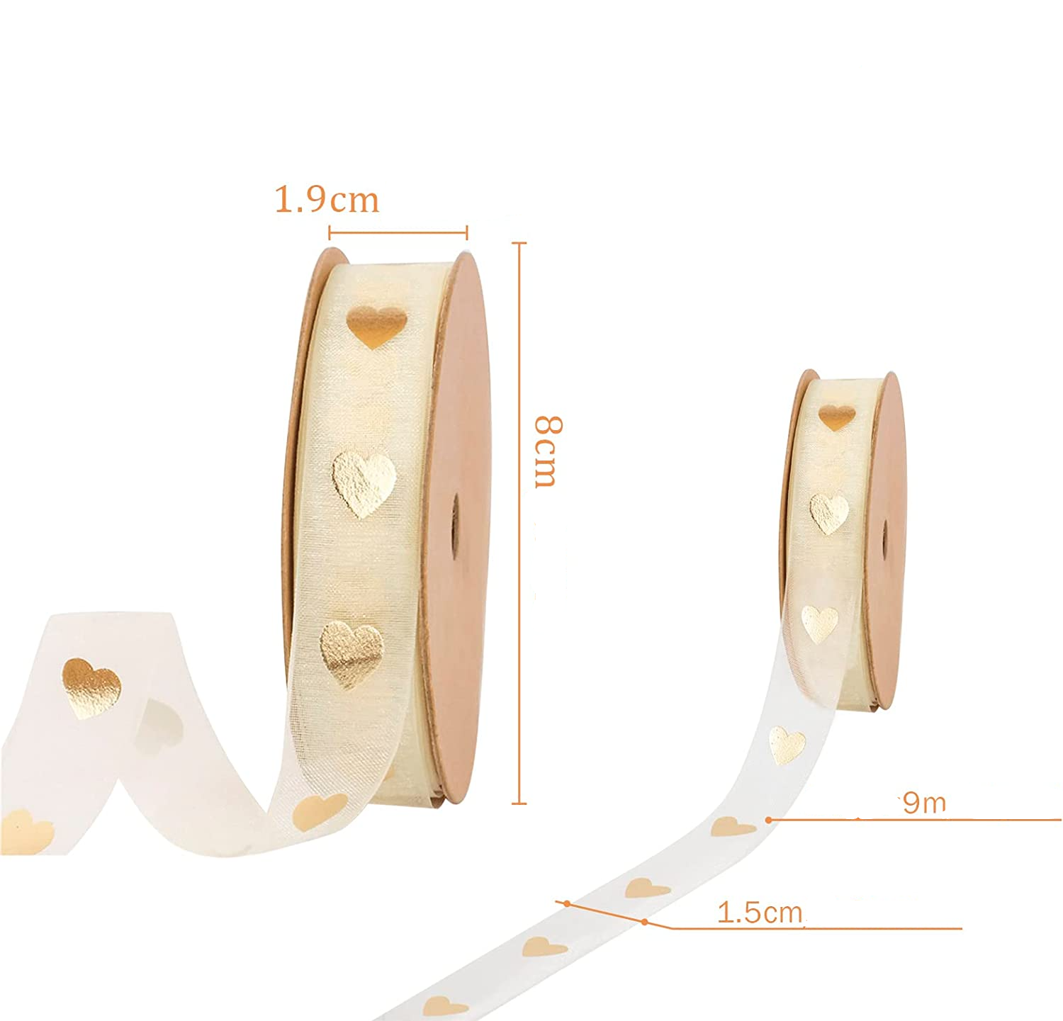 (2er Set) 1.5cmx9m Geschenkband Organza Deko Band mit Herz Print - Gold