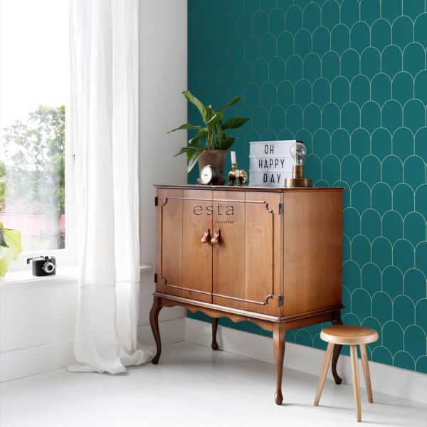 Estahome Art Deco Motief Behang V - 0,53 x 10,05 m - Petrolblauw / Goud