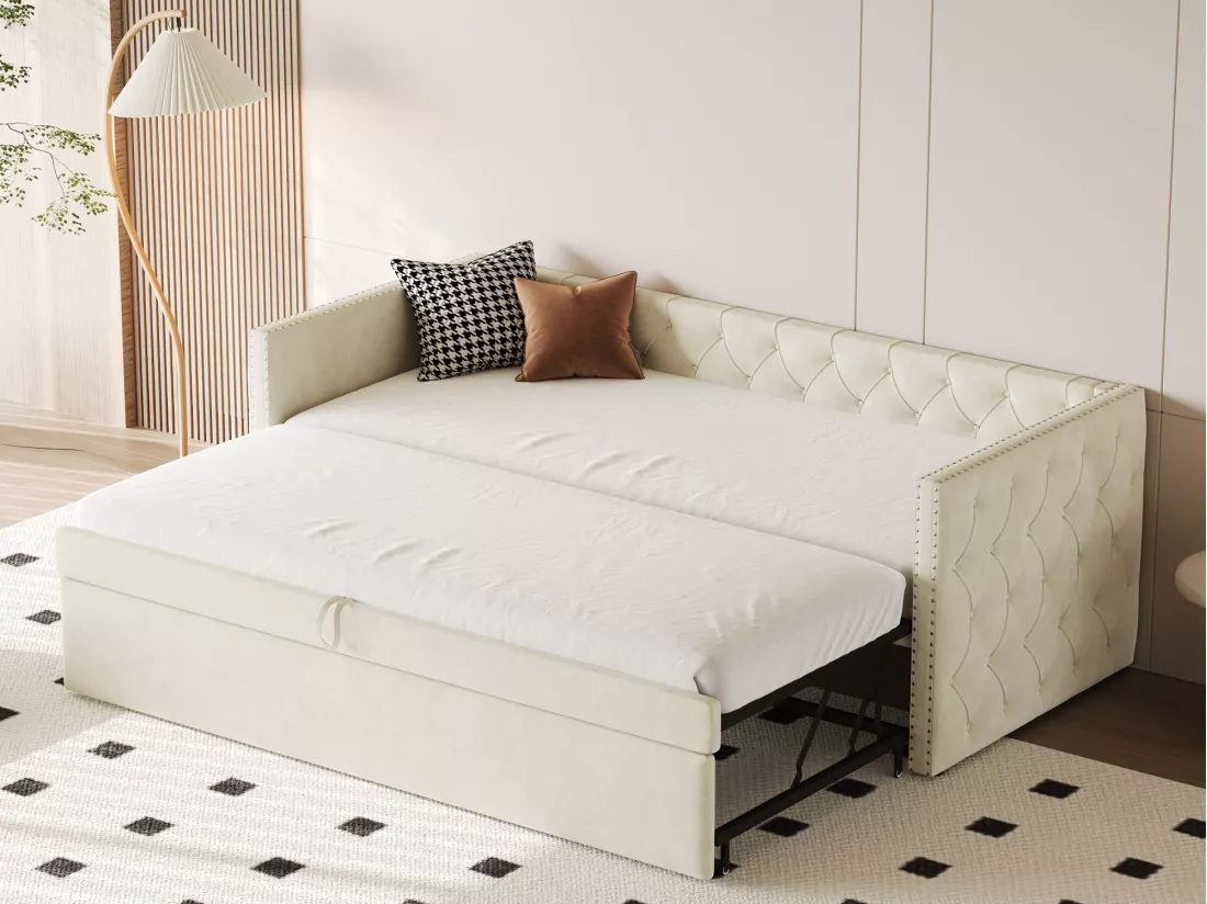 Lit gigogne rembourré en velours - 90/180x200 cm - avec sommier à lattes - Beige