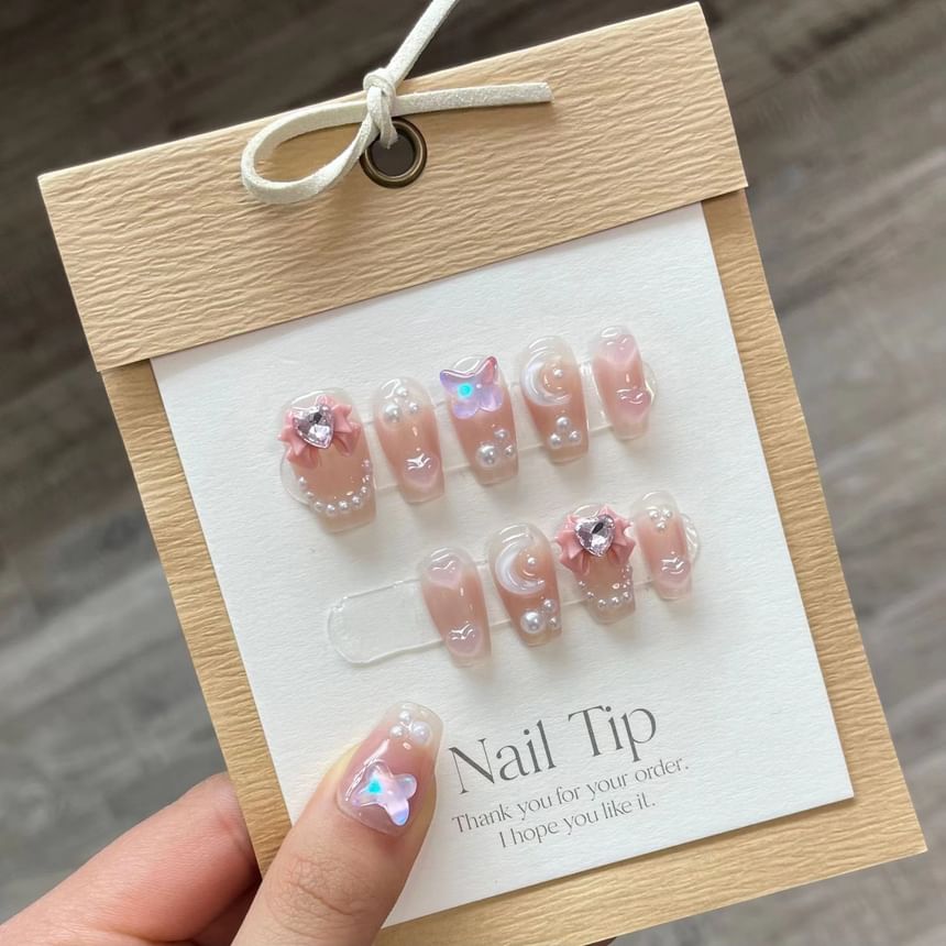 eovda - Faux Pearl Faux Nail Tips met vlinderhart (verschillende ontwerpen)