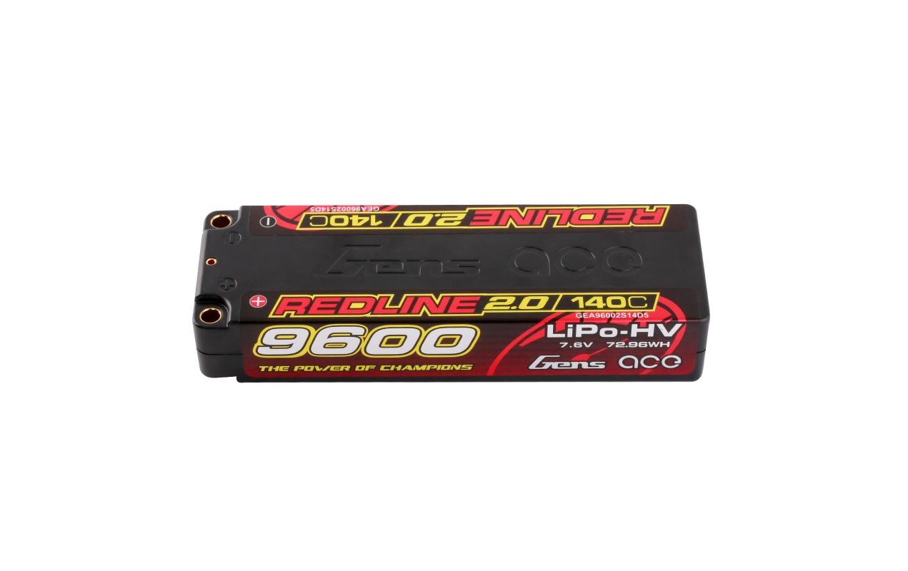 RC-Akku LiHV 9600 mAh 7.6 V 140C Redline 2.02S LiPo HV Hardcase Akku mit 5 mm Bullet Goldstecker