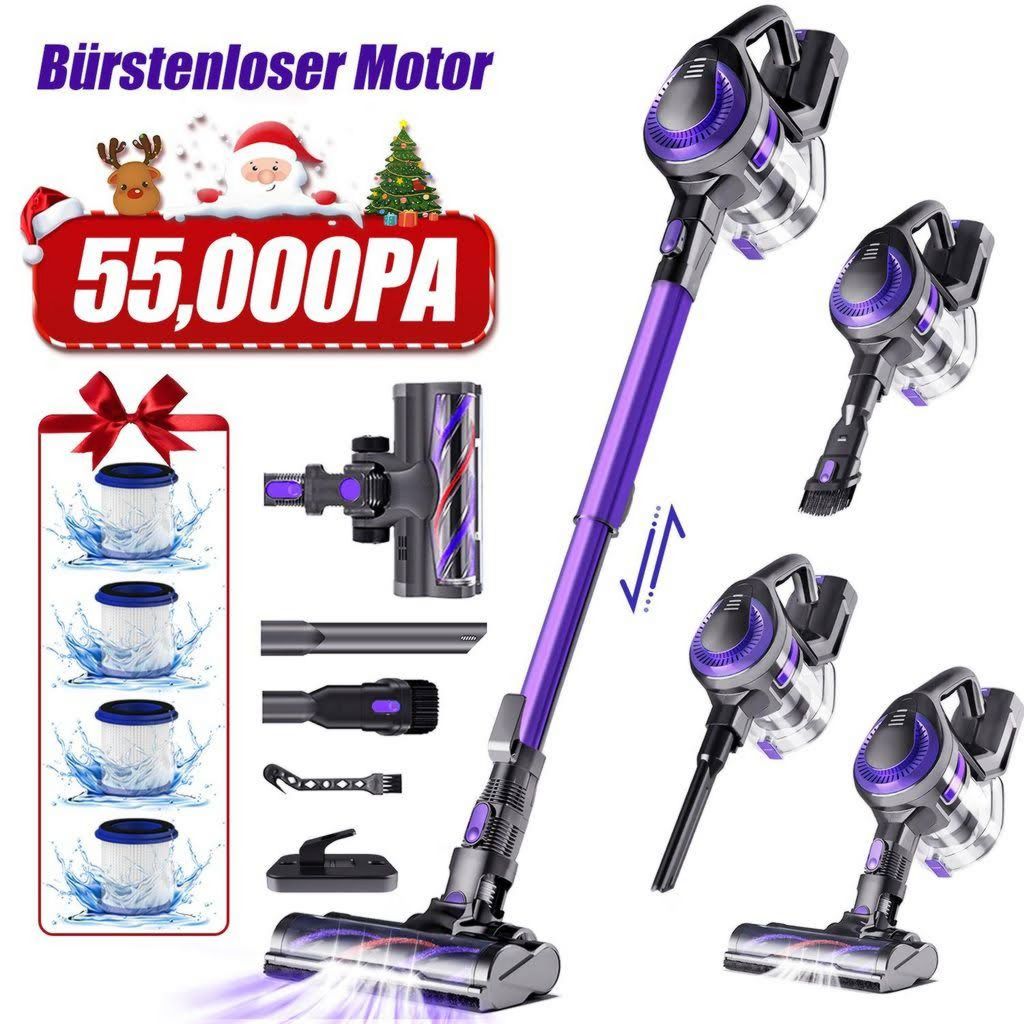 55000PA Akku Staubsauger Staubsauger Kabellos,Kabelloser Staubsauger,8 in1 Akkustaubsauger Bürstenloser Motor bis zu 55min,für tierhaare,500W,4HEPA