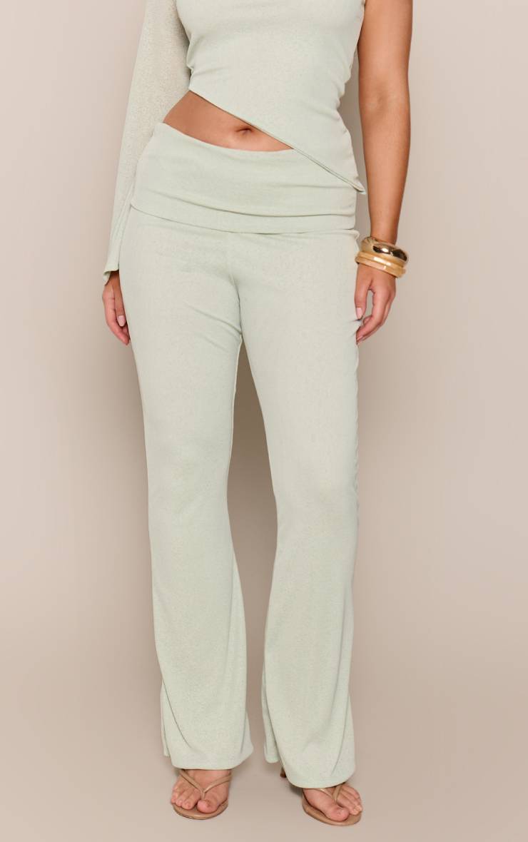 Vert Sauge Pantalon Droit À Taille Repliée En Maille Onion Skin Shape