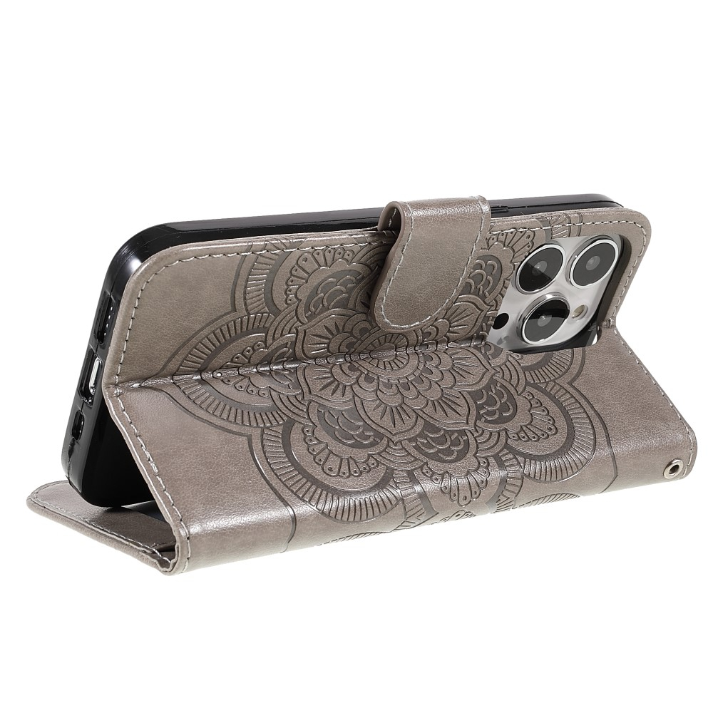 iPhone 13 Pro Leder Tasche Wallet - Mandala Flowers Imprint - Grau