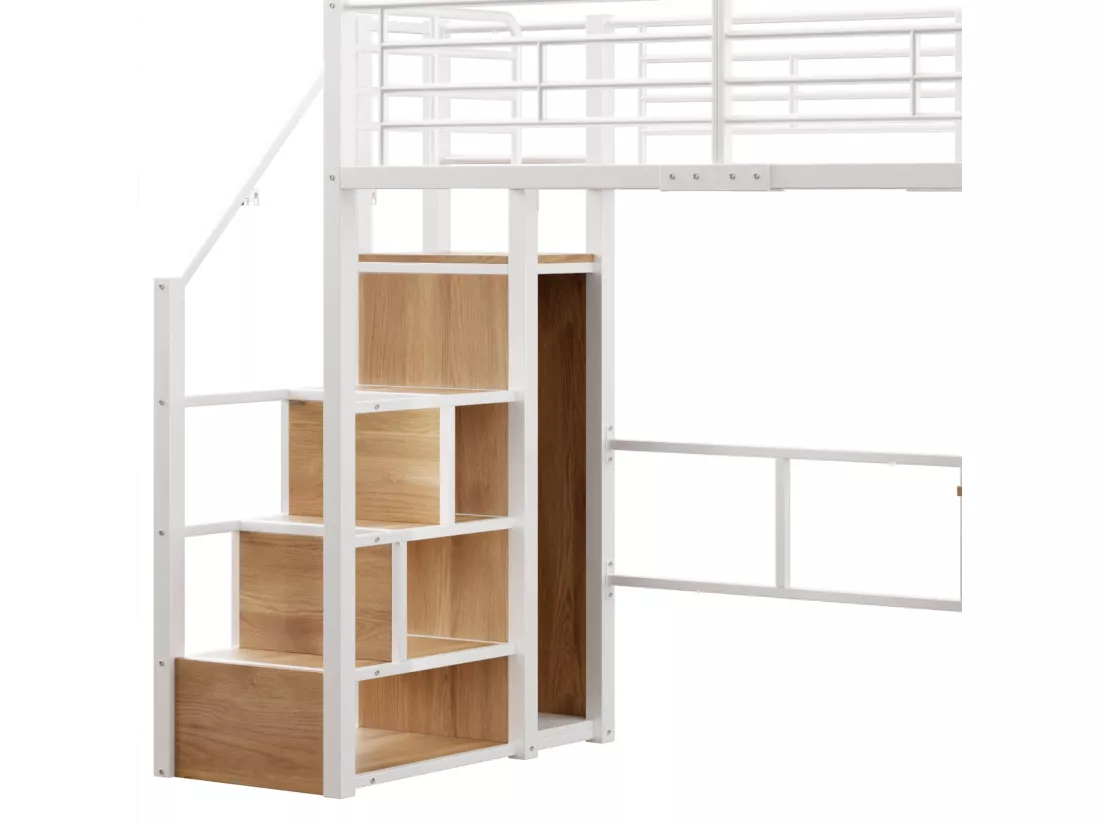 Lit mezzanine 90x200cm avec LED - bureau + penderie + échelle de rangement - Blanc