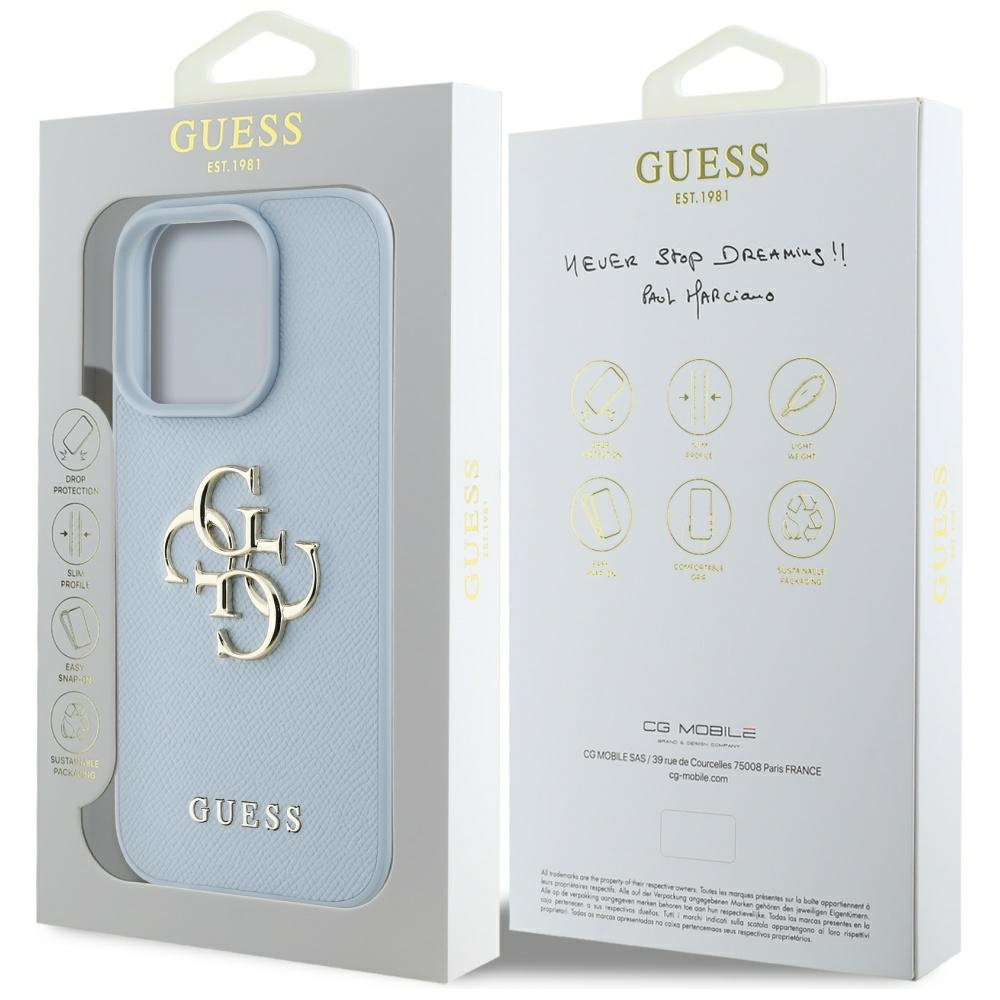 iPhone 16 Pro Leder Hardcase Hülle Grained 4G Big Metal Logo (GUHCP16LPGT4MBB) - Hellblau