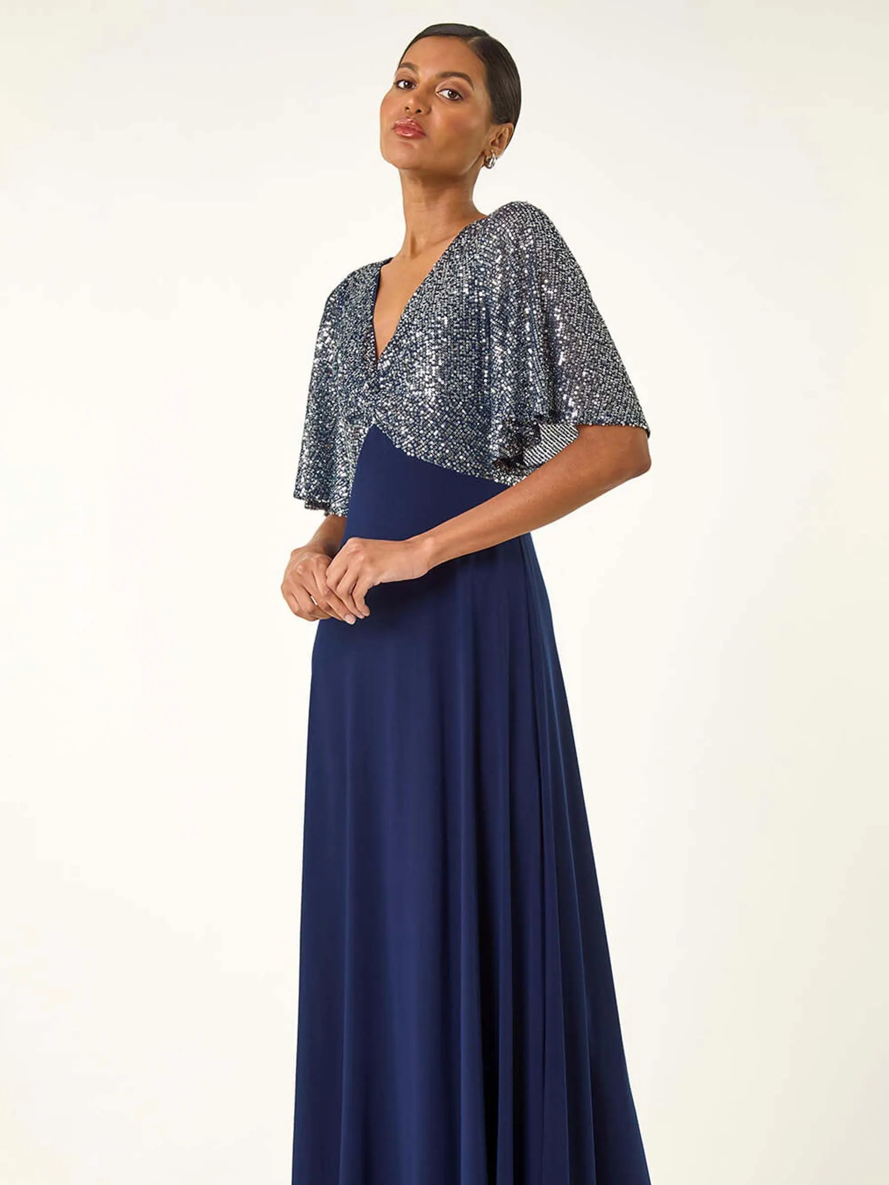 Roman Sequin Flutter Sleeve Midi Dress