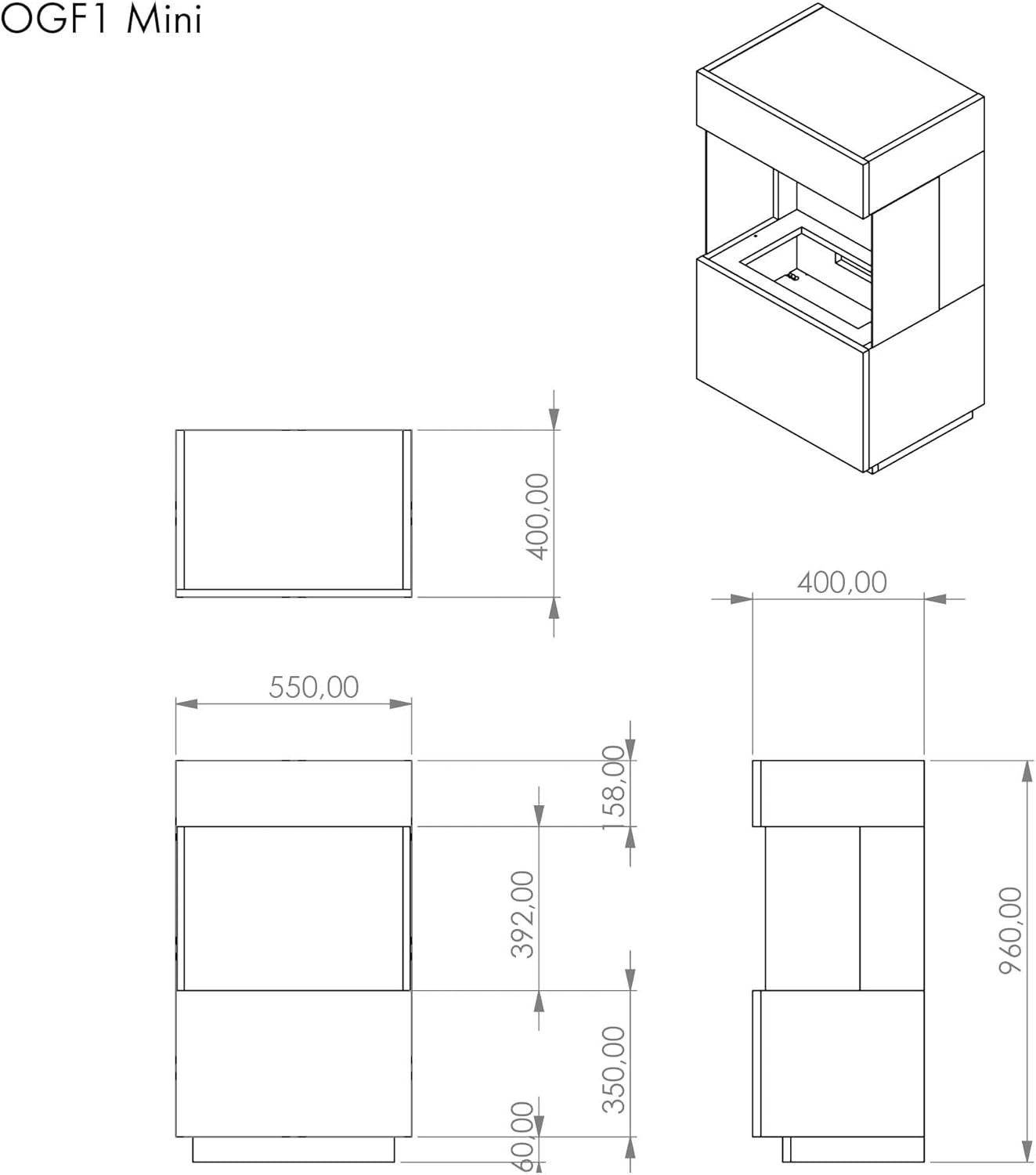 GLOW FIRE Wasserdampf Kamin OGF 1 Mini (Standkamin) - Elektrokamin mit realistischen LED 3D-Flammen, Knistereffekt & Fernbedienung, 55x96x40 cm - Opti-Myst 400 Elektro Kamin, Grau