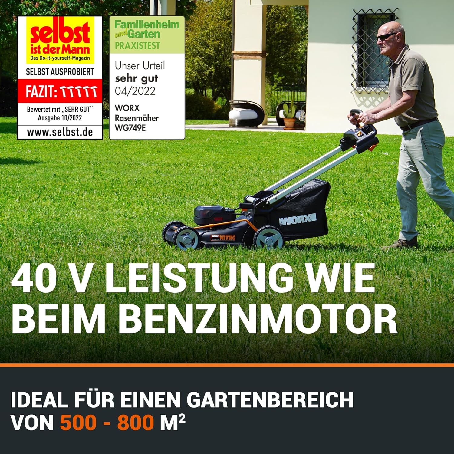 WORX WG749E Akku Rasenmäher 40V (2x20V) PowerShare, Radantrieb, Kraftvoller Bürstenloser Motor, 46cm Schnittbreite, 7 Schnitthöhen inkl. Akku und Ladegerät, Schwarz