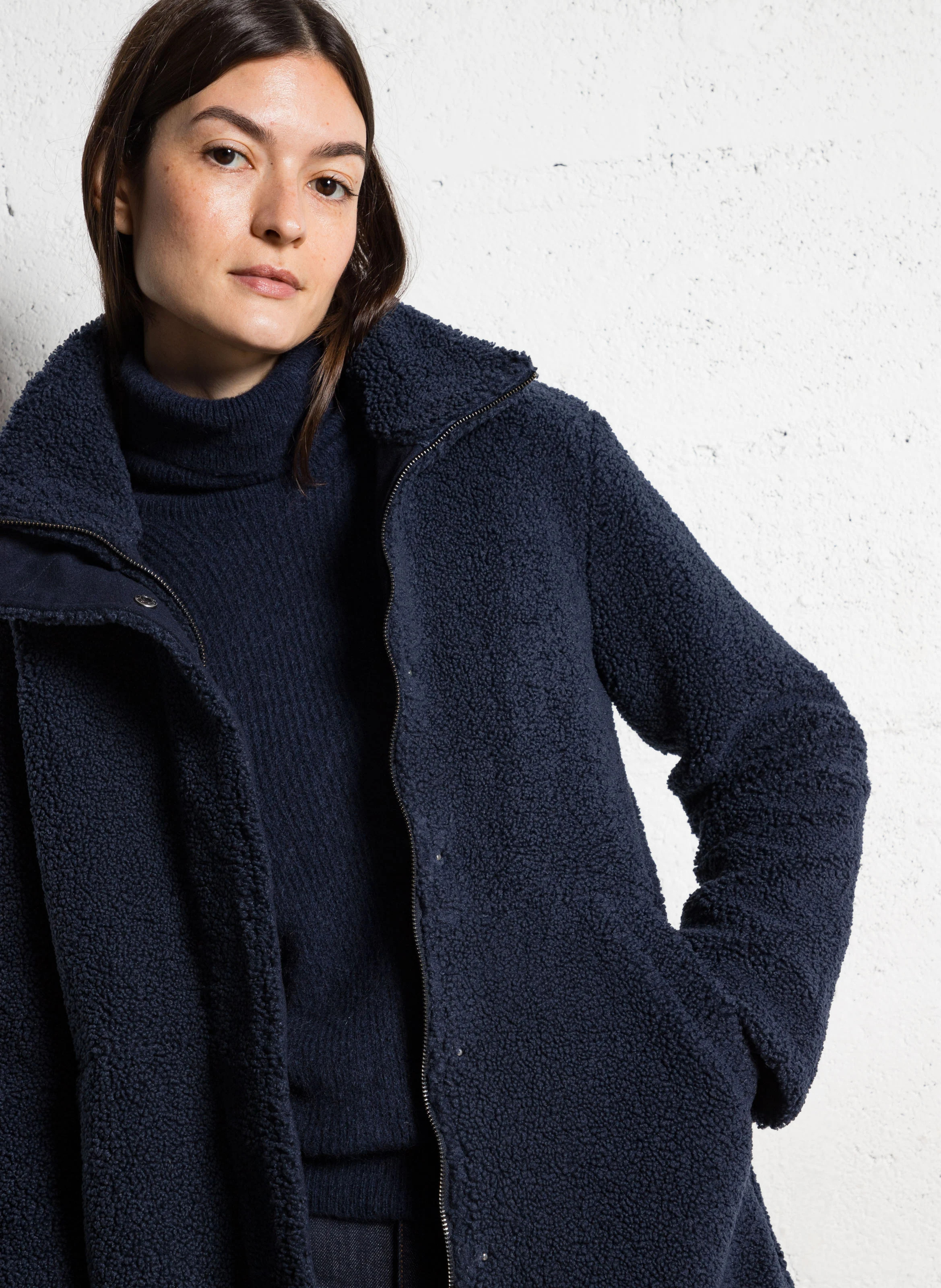 DIANA - Veste longue droite col montant | Bleu