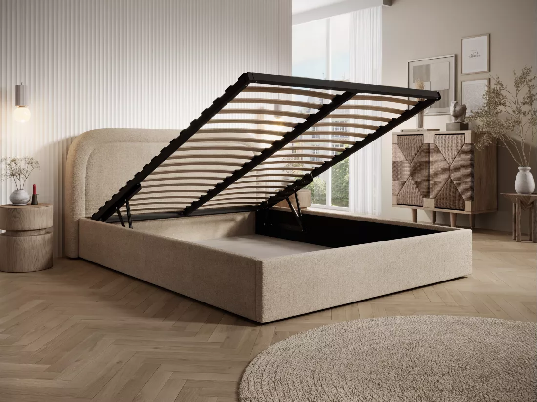 Lit coffre 180 x 200 cm - Tissu chiné - Beige + Matelas - FIREZA