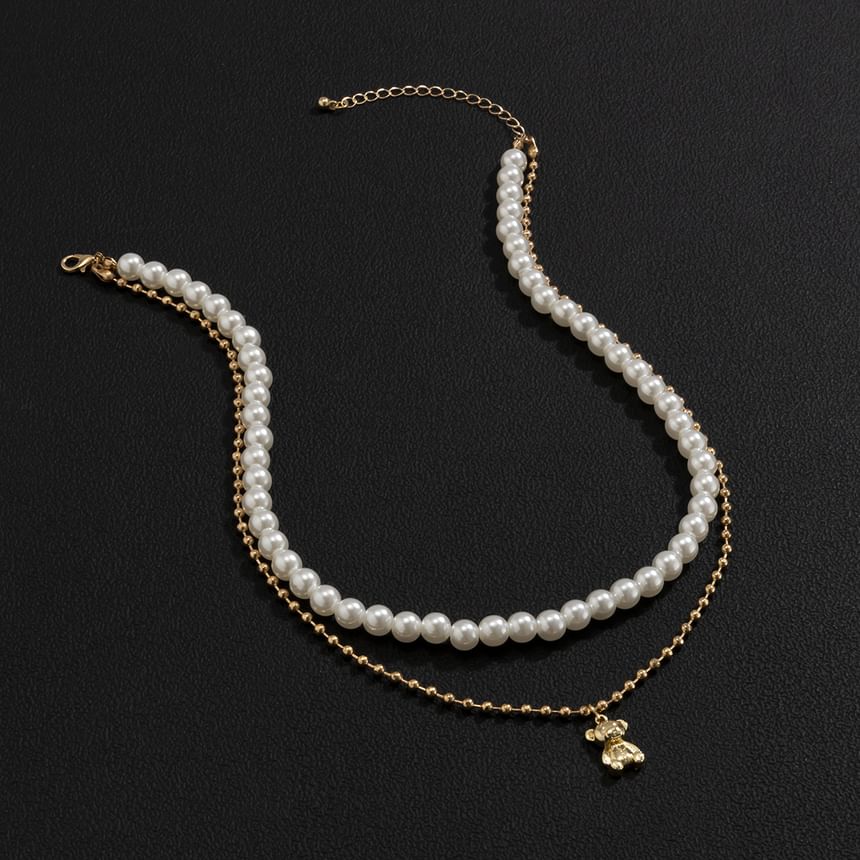 Gretlyn - Bear Pendant Faux Pearl Layered Necklace