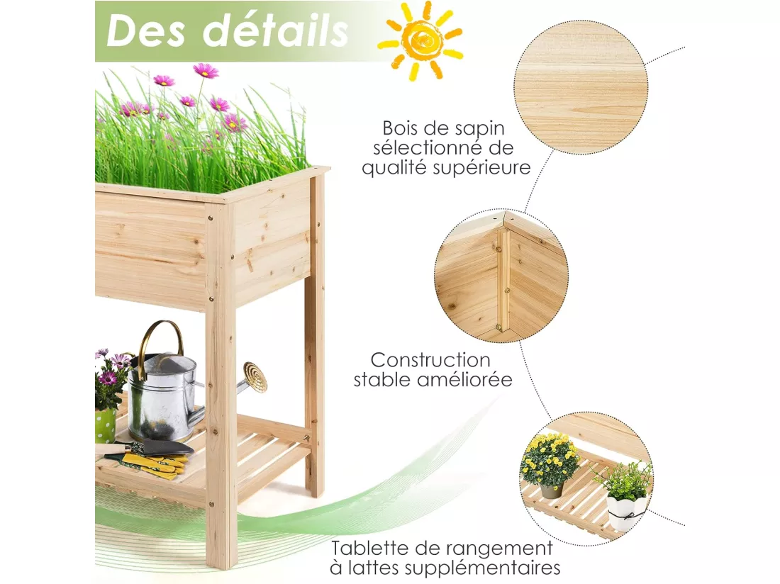 Jardinière Surélevé en Bois avec Étagère, Idéal pour la Croissance des Plantes, Fleurs, Végétaux, 92 x 41x 81 cm