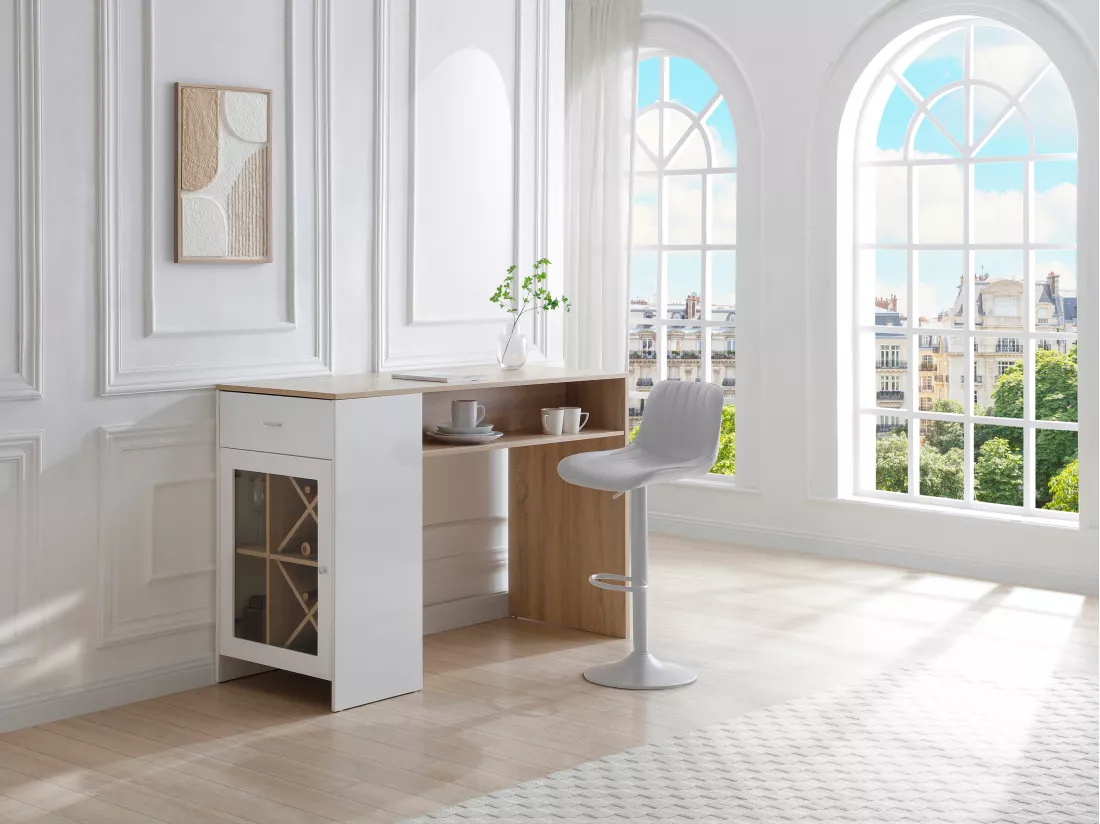 Meuble de bar avec rangements - Blanc et naturel - NIRAYA
