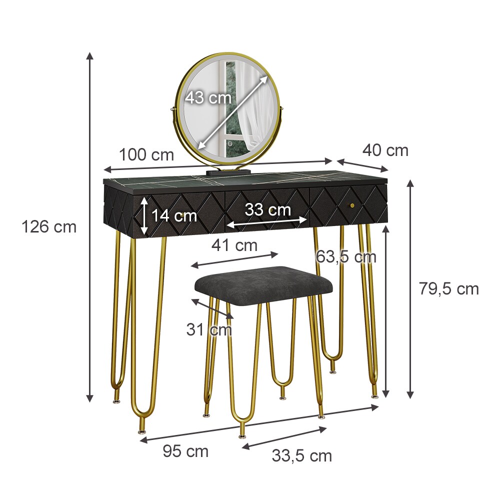 Vicco Schminktisch Mirabell, 100 x 40 cm, Marmor Schwarz, mit LED-Spiegel