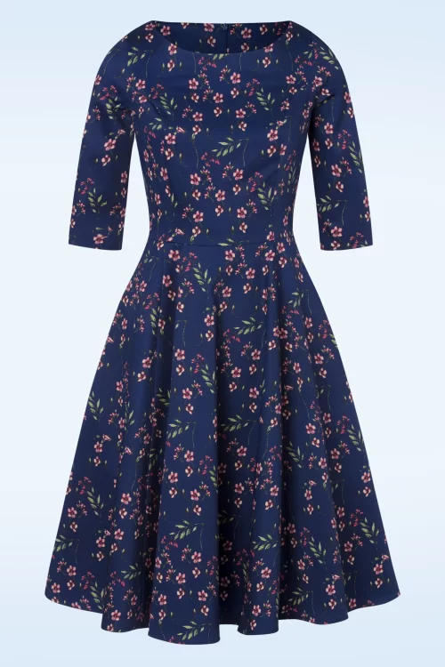 Topvintage Boutique Collection Adriana Pink Blossom swing jurk in navyblauw