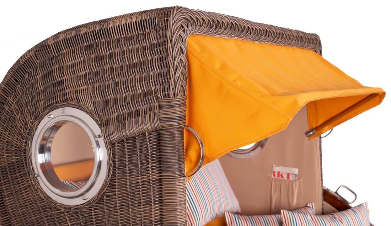 Westerland strandstoel, mahonie, patrijspoort, PE grijs, design 586