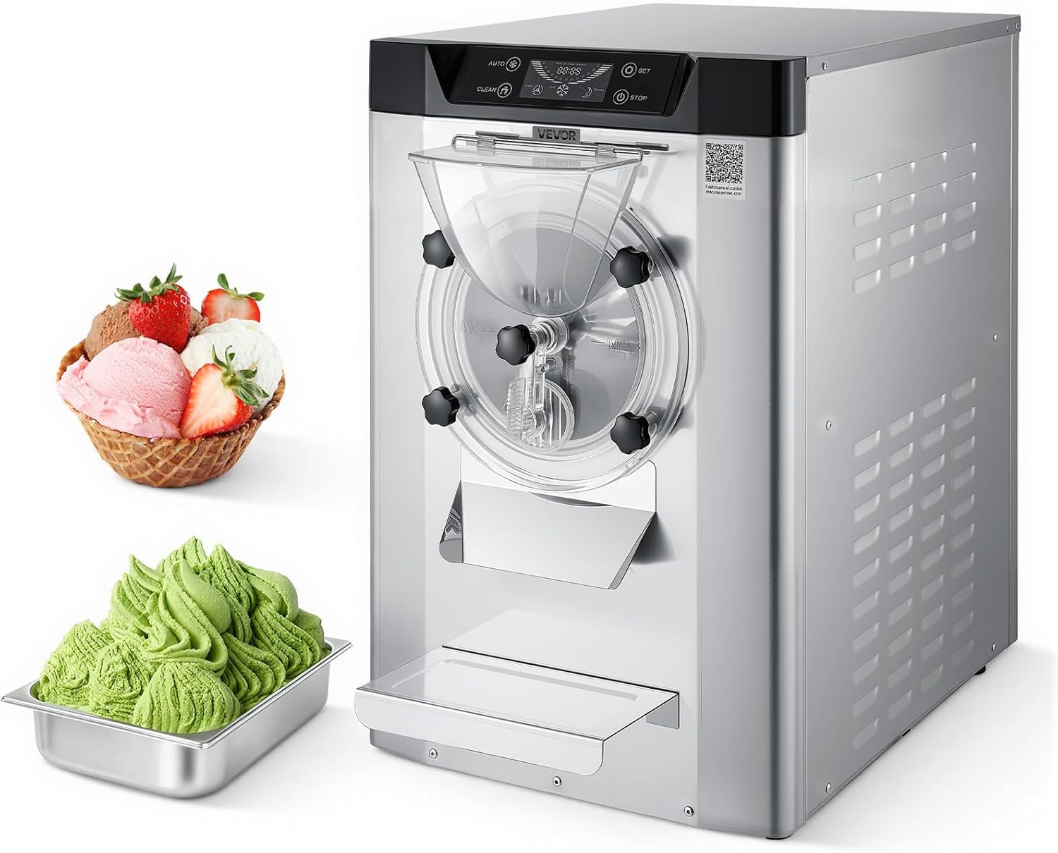VEVOR Gewerbliche Eismaschine Eiscrememaschine 2000 W 12–20 L/h, Tischgerät für Gelato mit 6 L Edelstahlbehälter (304) & Selbstreinigendes LED-Bedienfeld für Snackbars Restaurants Silber