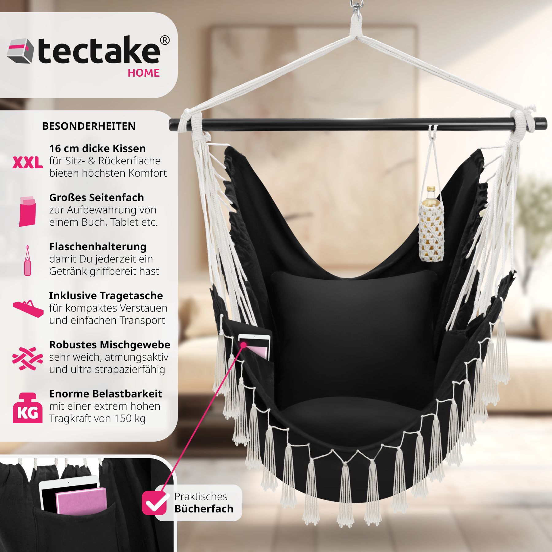 tectake® Hängesessel, extra dicke Sitz- und Rückenkissen, Belastbarkeit 150 kg, inkl. Tragetasche, ca. 100 x 150 x 150 cm