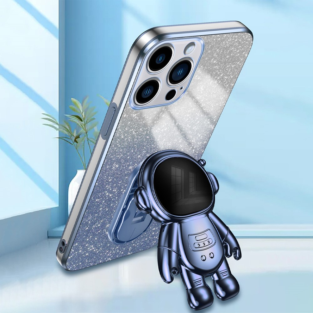 iPhone 14 Pro Max Hybrid Hardcase Glitzer Hülle   Astronauten Kickstand Aufsteller   Kameraschutz - Blau / Silber