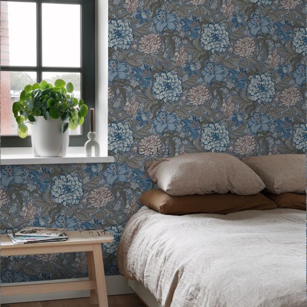 Estahome Vintage Bloemen Behang V - 0,53 x 10,05 m - Vergrijsd Blauw / Warm Grijs