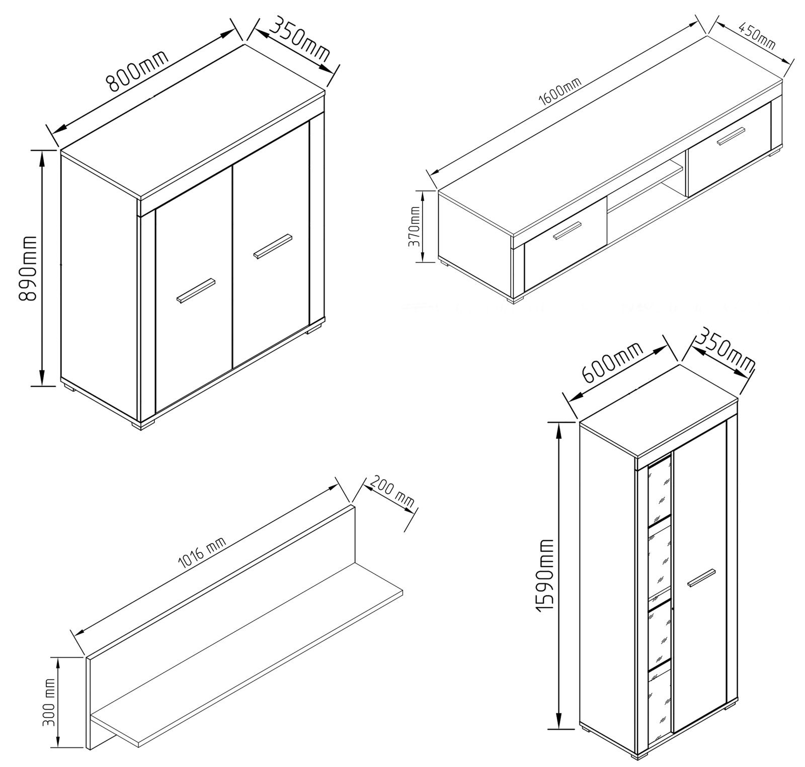 4-teilige Wohnwand USILO XL - weiß - 300 cm
