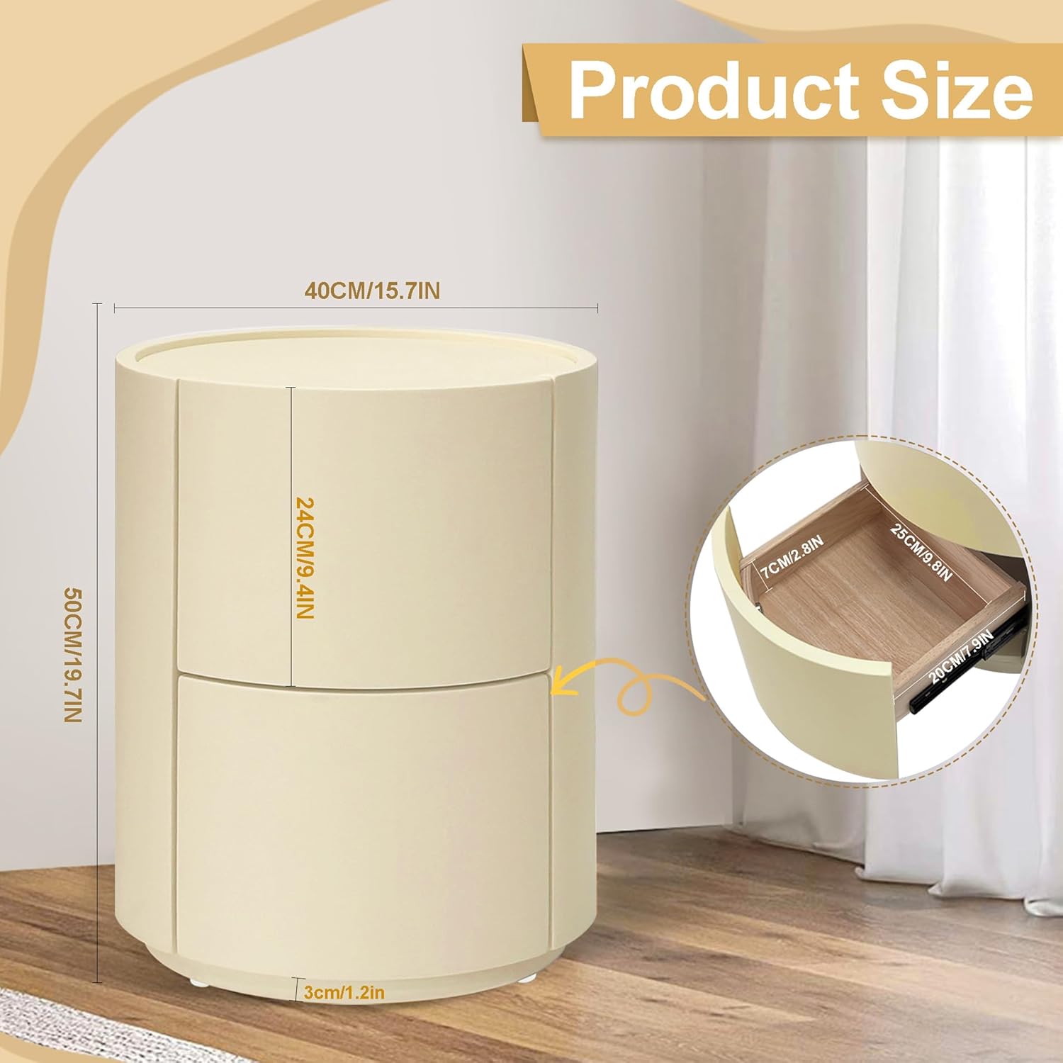 Nachttisch Rund mit 2 Schubladen, 40 cm breit, Moderner Leder-Nachttische, Nachtschrank aus Holz mit Stauraum, für Schlafzimmer Wohnzimmer, Beige