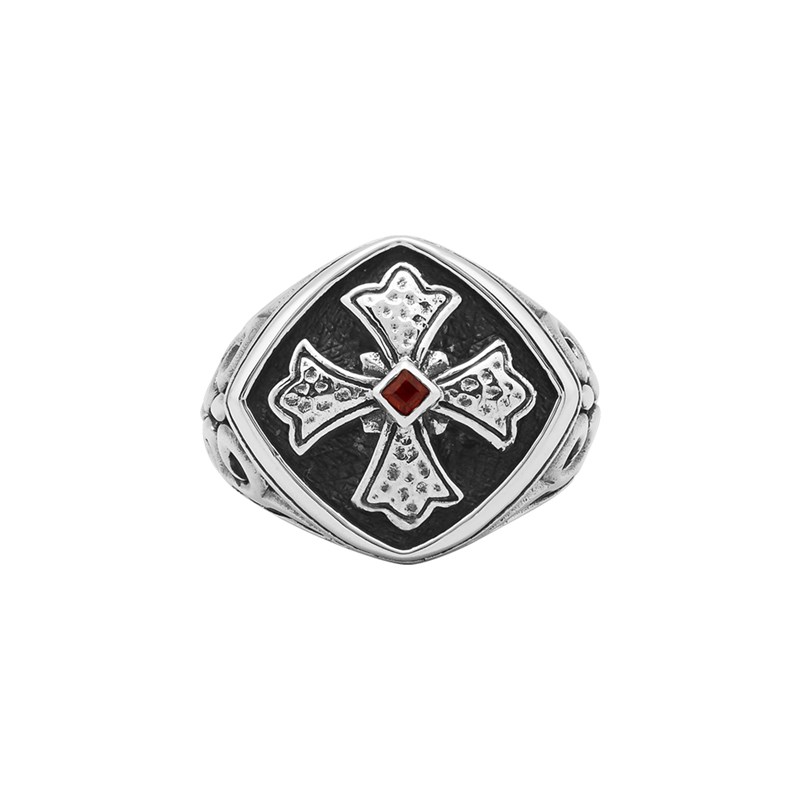 Bague Chevalière Homme Argent Croix De Malte Et Grenat
