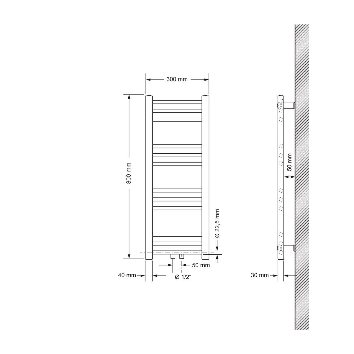 ECD Germany badkamerradiator, middenaansluiting, 300 x 800 mm, antraciet, recht, met aansluitset inclusief thermostaat, doorloopradiator, verwarming, handdoekwarmer, handdoekdroger, handdoekradiator