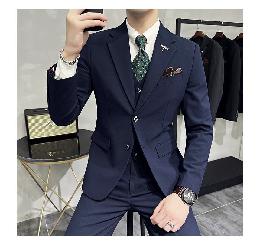 Deepwood - Set: effen enkelrijs blazer + vest + rechte pantalon