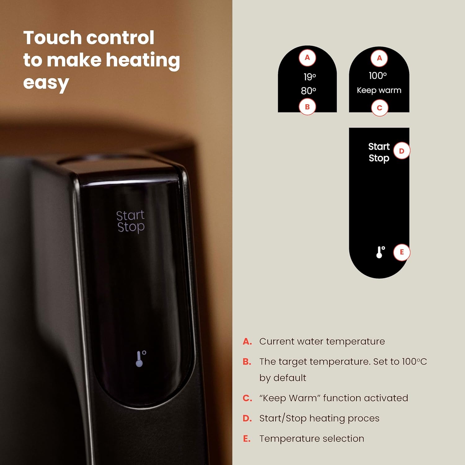 Jacob Jensen Elektrischer Wasserkocher mit Temperatureinstellung von 70°C bis 100°C, Warmhaltefunktion, Signalton, LED-Display mit Temperaturanzeige & Touch-Bedienung, BPA-Frei, 1,2 Liter, Silber