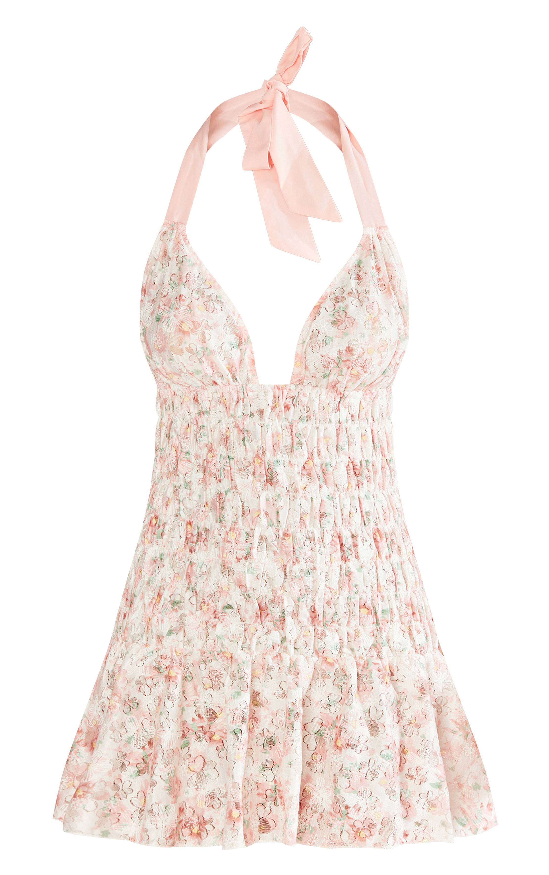 Rose Robe Moulante À Bretelles Froncée À Motif Floral Texturé