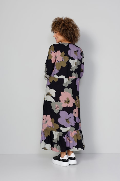 Kleid, XL Blumenmuster, Tunika-Ausschnitt, 3/4-Ärmel