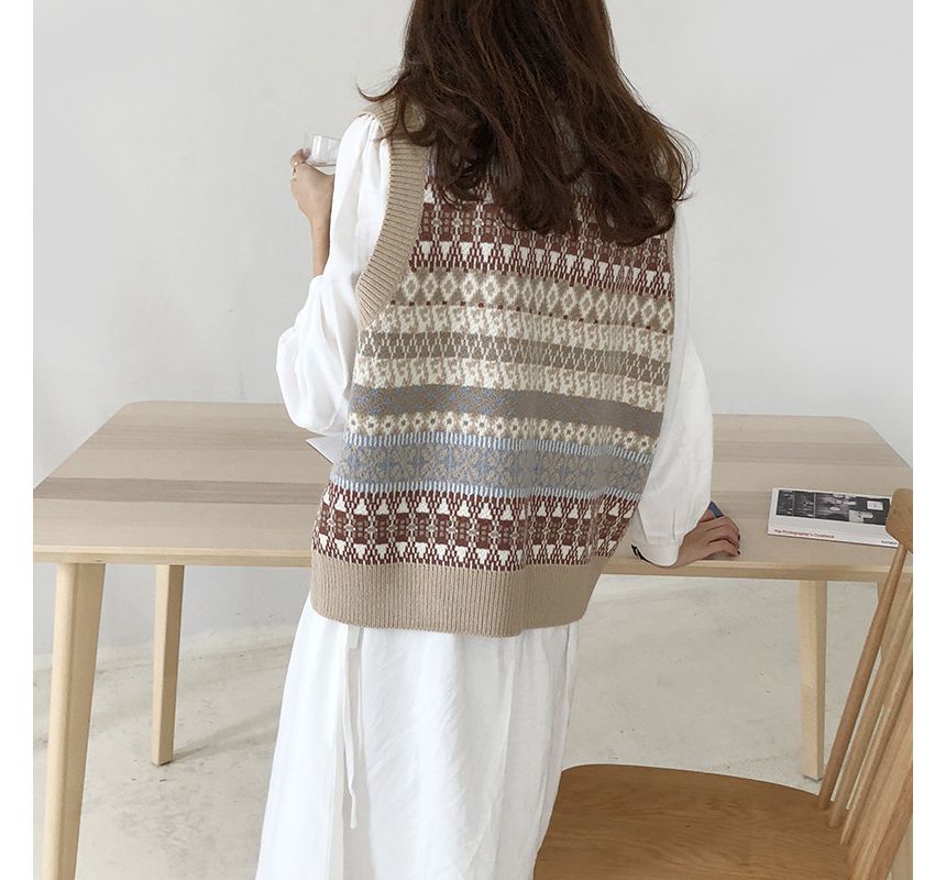 FR - V-hals geometrisch patroon trui vest
