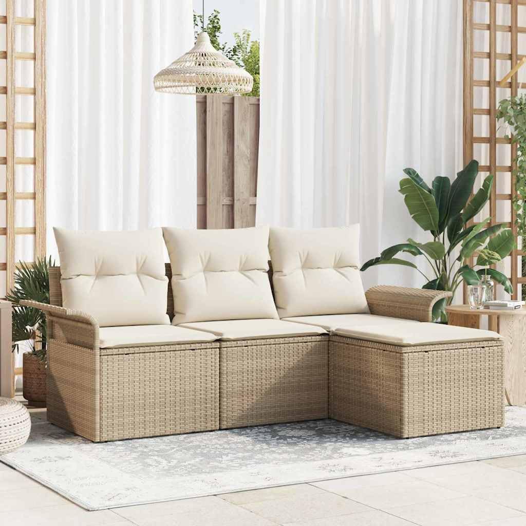 Gartensofa-Set, 4-teilig, Beige Poly-Rattan, mit Kissen, Akazienholz-Akzenten, modulares Outdoor-Möbelset für Terrasse, Balkon, Garten