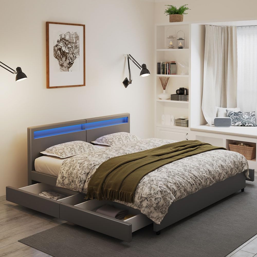Home Deluxe - LED Bett NUBE - Dunkelgrau, 270 x 200 cm - inkl. Lattenrost und Schubladen I Polsterbett Design Bett inkl. Beleuchtung