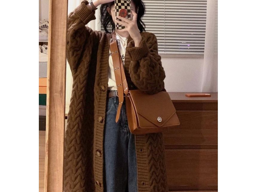 Leoom - V-hals effen kabelgebreide lange cardigan met knoopjes / Lange mouwen mockneck midi A-lijn gebreide jurk