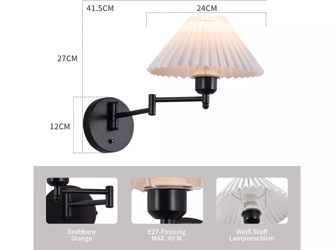 NETTLIFE Lot de 2 appliques applique d'intérieur vintage : E27 abat-jour rétro éclairage mural orientable 40W.MAX blanc sans ampoule