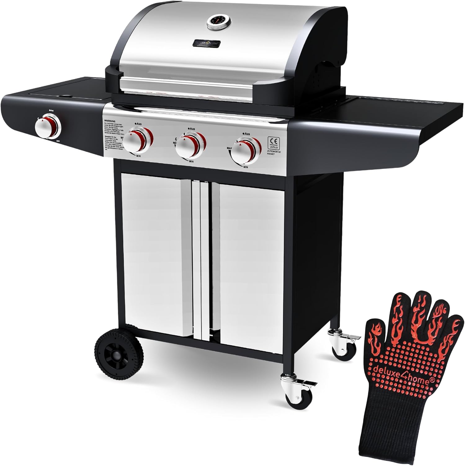 Gasgrill BBQ Grillwagen mit Deckel I 3+1 Seitenbrenner XXL Grill Rollbar Seitenablage I inkl. Grillhandschuh und Grillthermometer I Rollgrill Standgrill