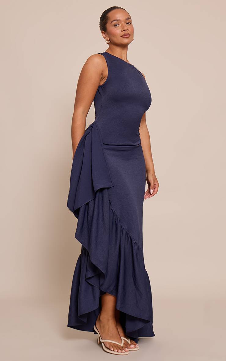 Bleu Marine Robe Maxi Moulante En Tissu Stretch À Encolure Bateau Avec Fente Latérale Et Volant