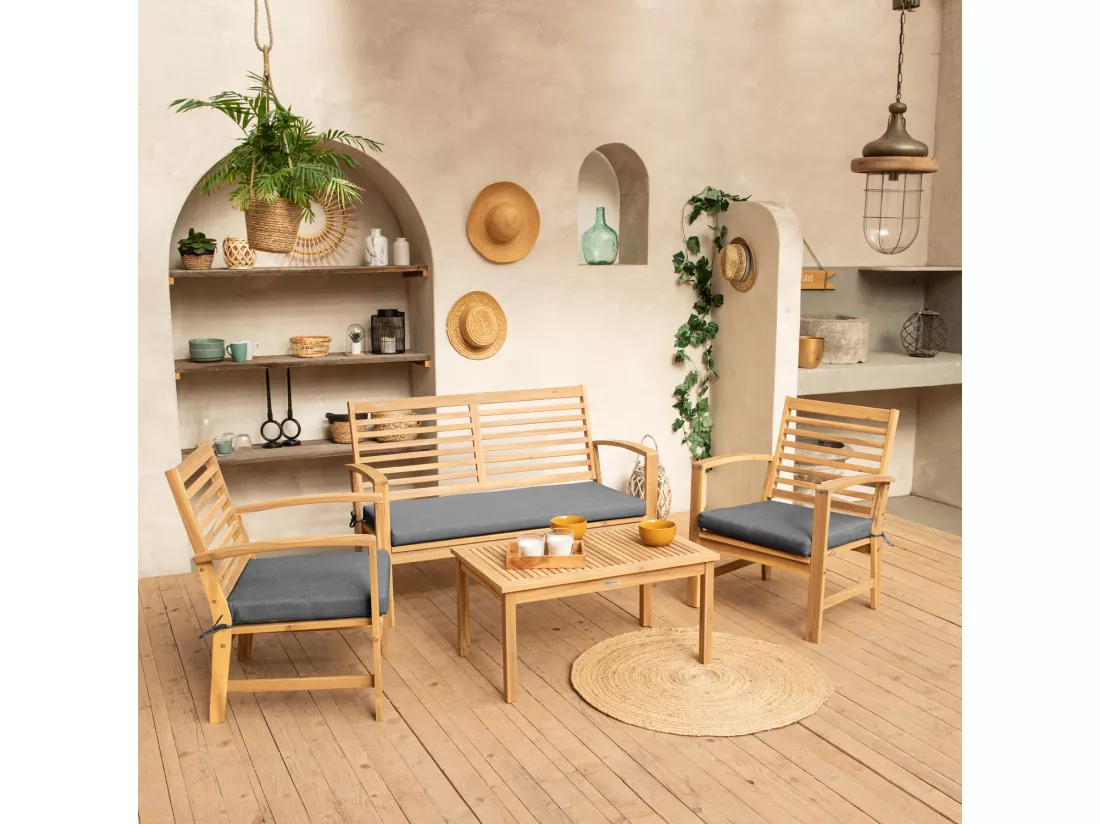 Salon de jardin en acacia 4 places GOA - coussins gris - HAPPY GARDEN
