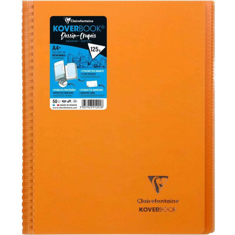Cahier dessin/croquis Koverbook reliure intégrale enveloppante A4+ 100 pages papier blanc 125 g couverture polypropylène transparent - Assortis