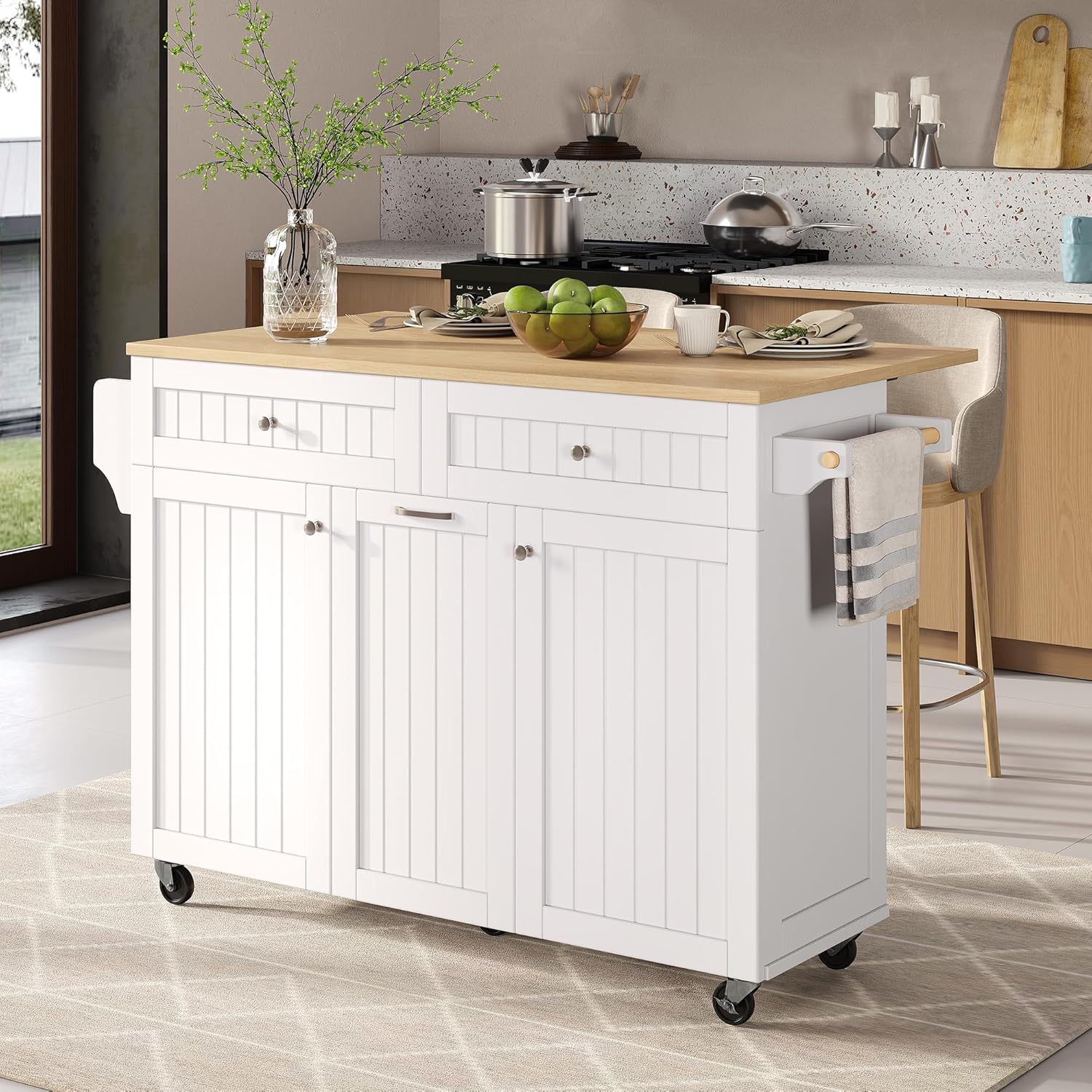 Mobile Kücheninsel Küchenschrank mit Klappbare Arbeitsplatte und Schubladen, Buffetschrank Küchenwagen mit Rollen und Regal, Küchenbuffet, Küchenmöbel, Schrank Weiß, 139.5x40-70x92 cm