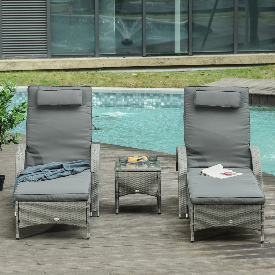 Outsunny Rattan Sonnenliegen mit Tisch grau