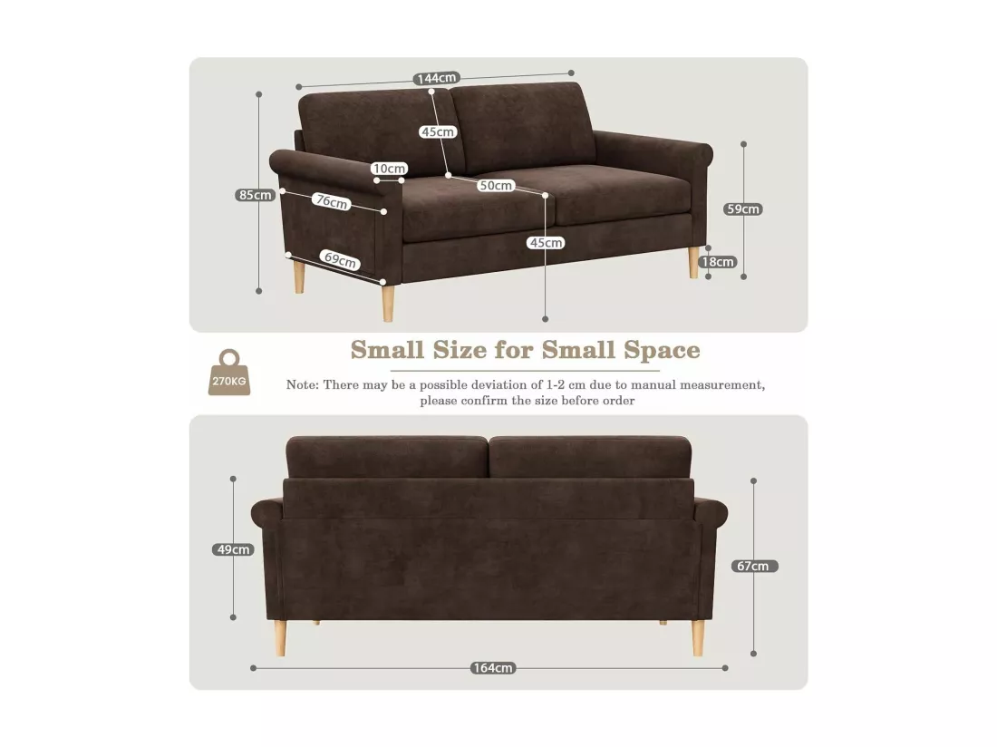Canapé 2 places confort assise profonde en velours, pieds en bois, 164x76x85cm, Marron
