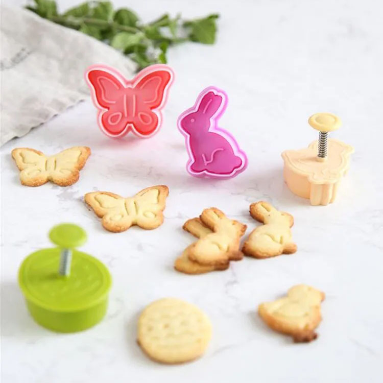 (4er Set) 2in1 Kunststoff Ausstechformen Keksausstecher mit Stempel - Ostern